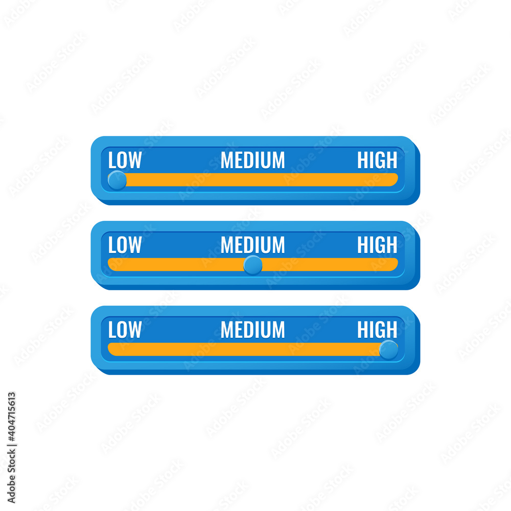 Aufkleber set of casual game ui control settings with low, medium, and high menu for gui asset elements