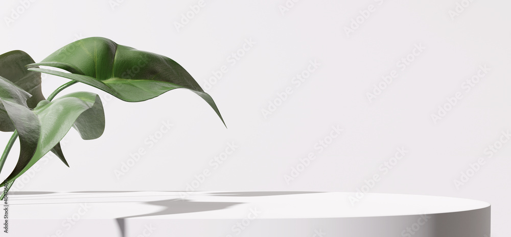 Poster white product display podium with nature leaves. 3d rendering