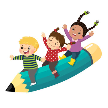 Vector illustration cartoon of happy three kids riding a flying pencil on white background.