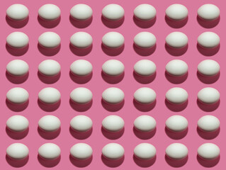 Seamless pattern with white chicken eggs with hard shadows on pink background