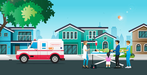Plakat Ambulance picks up patients at home with doctors and nurses. 