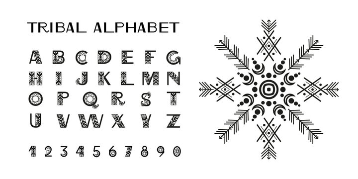 Tribal style alphabet. Ethnic ornamental font. Vector illustration.