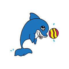 Naklejka premium cute blue dolphin with ball vector illustration on white background. jumping dolphin. hand drawn vector. doodle for kids, wallpaper, cover, banner, poster, sticker, logo, advertisement, clipart. 
