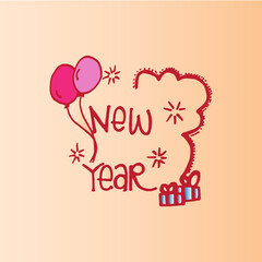 New Year 2021-hand drawn lettering with balloons and gift box on pink background. hand drawn vector. doodle for wallpaper, cover, banner, poster, greeting and invitation card. Happy new year 2021