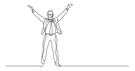continuous line drawing of emotional business person wearing face mask raising hands to heaven