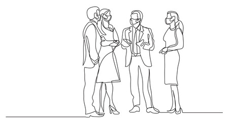 continuous line drawing of business professionals wearing face masks standing meeting