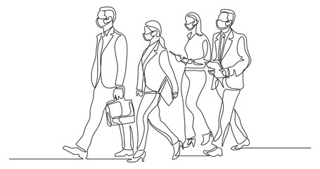 continuous line drawing of business team wearing face masks walking together discussing work