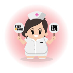Cute  nurse holding stay at home and stay safe signboard 