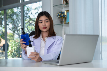 Product developer Listen to product demonstrations.
online. Young doctor watching to new product...