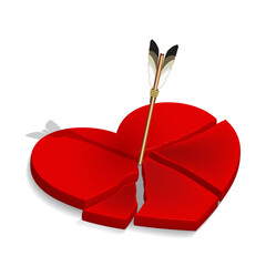 3D red broken heart and stuck arrow in the center with shadow. EPS10