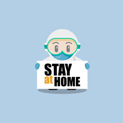 Cute  doctor wearing hazmat holding stay at home signboard