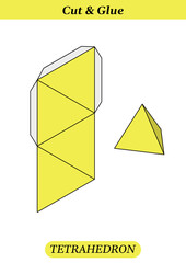 Paper model of a tetrahedron. Cut, fold and glue. Homemade model. Vector template.