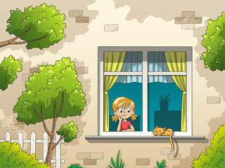 Girl looks out of window. Hand drawn vector illustration with separate layers.