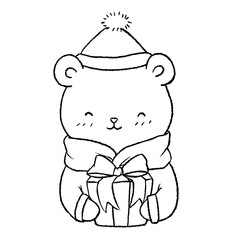 Bear in a hat holds a gift box in hand. Cartoon style half body. Line art for coloring