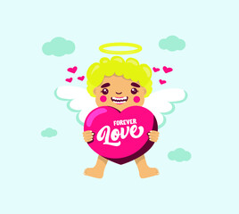 Illustration of baby Cupid hugging a heart. Cartoon illustration of Cupid for Valentine's Day isolated on white