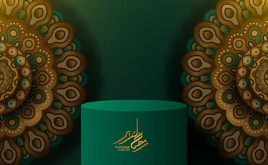 3d cylinder podium product display for ramadan kareem mubarak with green color, islamic pattern, mandala ornament decoration