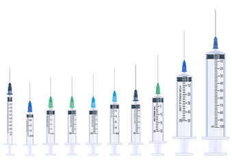 Disposable syringes 1-100 ml, set. Realistic image. Vector illustration.