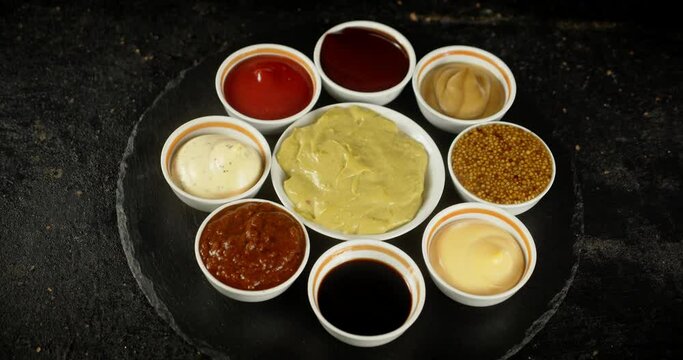 A stone board with different types of sauces rotates.