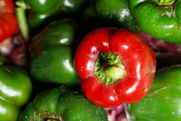 Colorful green and red peppers paprika background. Sweet green peppers background and red pepper. Paprika peppers. Colorful paprika peppers as background, closeup. selective focus, macro photo.