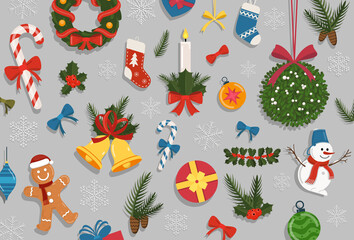 Set of Christmas. New Year holiday decoration elements, symbols collection. Illustration.