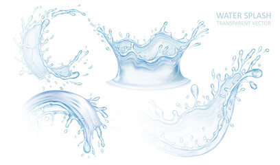 Realistic water splash set isolated on light transparent background. Blue liquid waves. Illustration design.