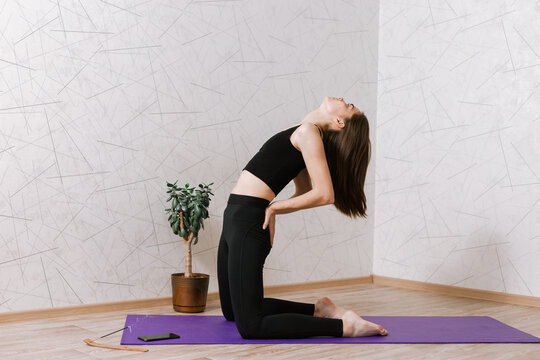 Young flexible woman practicing yoga in Supported Camel pose while balancing on mat at home 