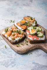 Variety of sandwiches for breakfast, snack, appetizers - tempeh, salmon, prawns grilled whole grain bread sandwiches with microgreens on a light background