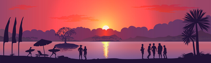 People are relaxing on a tropical beach. Red sunset. Vector illustration.