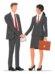 Man and woman in business suits with case and laptop shaking their hands. Relations of partnership concept. Business people partners handshake. Successful transaction, deal. Flat vector illustration