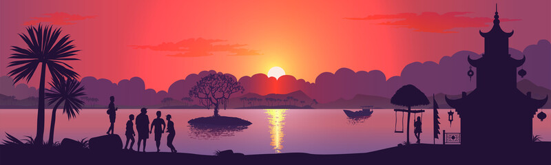A group of tourists is resting on the seashore. Red sunset. Vector illustration.
