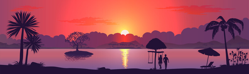A couple in love walks along the beach. Red sunset. Vector illustration.