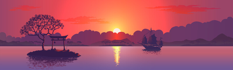 Sunset with the silhouette of the Chinese arch. Realistic vector illustration background.
