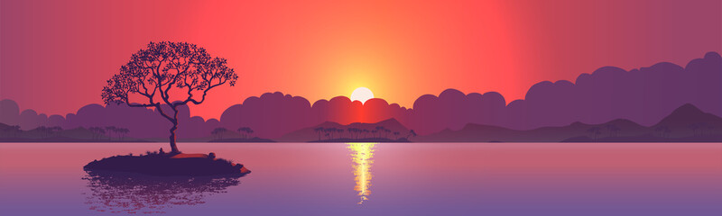Sunset with a lone tree on the island. Realistic vector illustration background. 