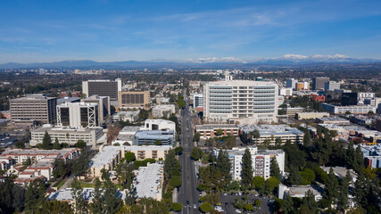Daytime aerial view of the downtown skyline of Santa Ana, California, USA.