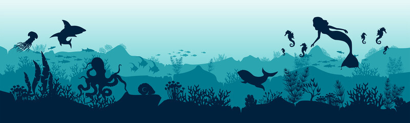 Silhouette of fish and algae on the background of the reefs. Mermaid in the ocean. Vector illustration.