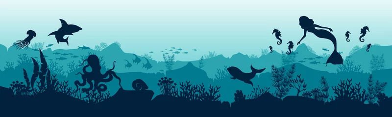 Silhouette of fish and algae on the background of the reefs. Mermaid in the ocean. Vector illustration.