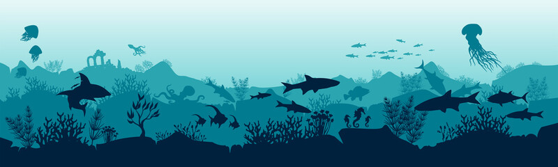 Silhouette of fish and algae on the background of reefs. Vector illustration.