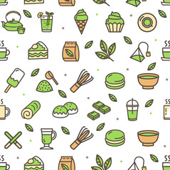 Matcha Tea Color Thin Line Sign Seamless Pattern Background on a White. Vector