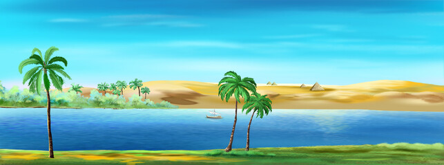 Fototapeta na wymiar Palm trees on the banks of the Nile river in Egypt