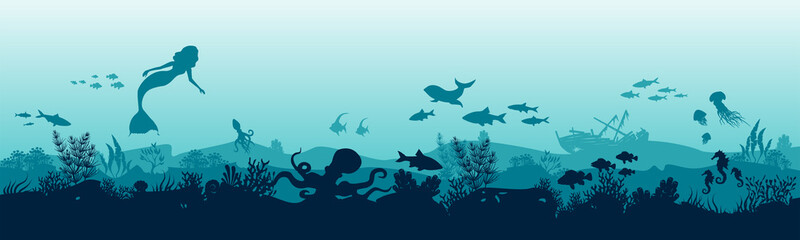 Silhouette of fish and algae on the background of the reefs. Mermaid in the ocean. Vector illustration