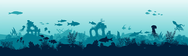 Underwater landscape with fishes. Panoramic view of the seabed.