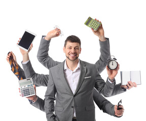 Portrait of businesswoman with a lot of work to do on white background