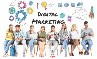 Young people sitting on white background. Concept of digital marketing