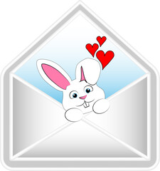 Rabbit in konyerte. Valentine's Day envelope. Gift in an envelope. Hare in an envelope. Red hearts.