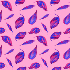 watercolor purple leaves seamless pattern on pink background