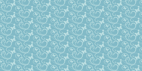 Background pattern with butterflies in blue tones. Seamless wallpaper texture
