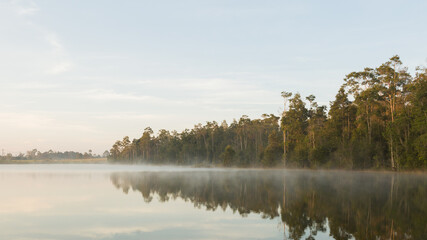 Beautiful nature and fog on the reservoir in Khao Yai National Park Thailand