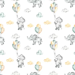 Washable wall murals Elephant Watercolor seamless pattern with cute elephants on balloons in the clouds on a white background