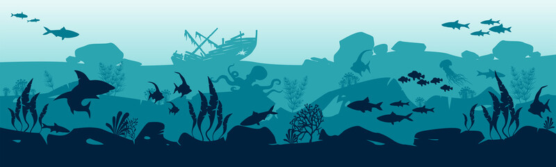 Silhouette of fish and algae. Undersea world. Vector illustration. EPS10.  