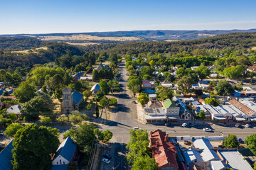 Aerial view of Ford and Church streets in Beechworth, Victoria, Australia